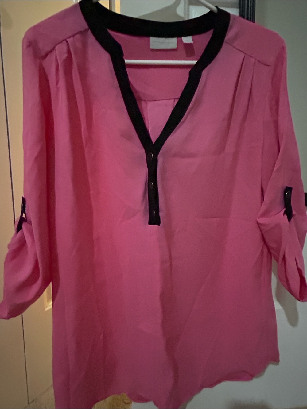 New York & Company Pink Blouse with Black Trim and Roll Tabs